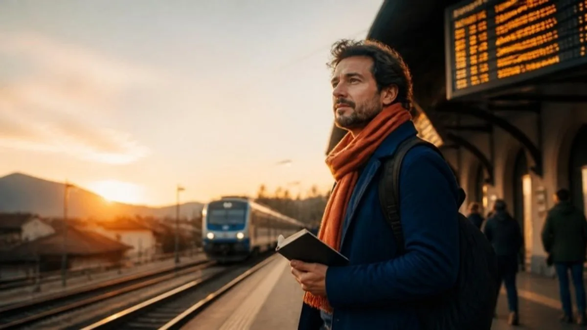 Homme sur un quai de gare dans l'Est de la France, carnet en main, pensant à un projet à l'étranger