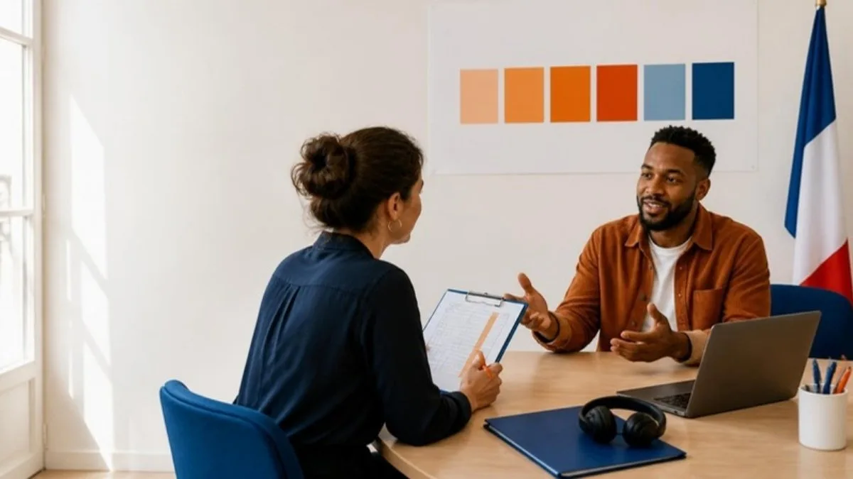 Formateur de langues menant un entretien oral de positionnement avec une apprenante adulte, grille en main